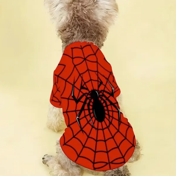 Spider Man Pet Sweatshirt for Dogs & Cats – Red Spider Web Pattern Costume, 4-Season Casual Outfit