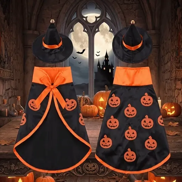 Halloween Costume Set for Cats & Small Dogs – Pumpkin Cape with Witch Hat & Bow