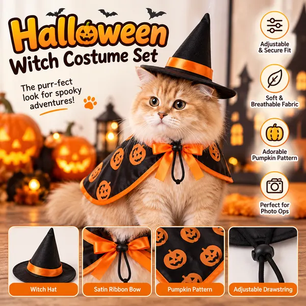 Halloween Costume Set for Cats & Small Dogs – Pumpkin Cape with Witch Hat & Bow