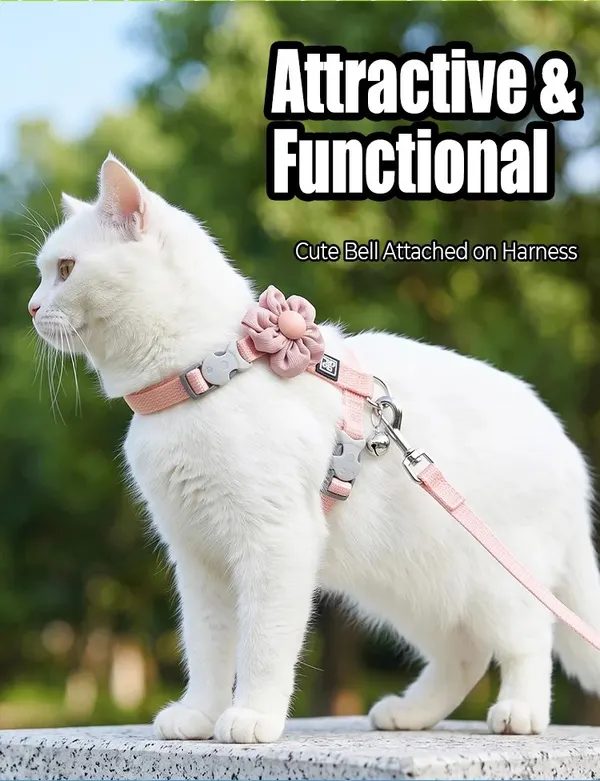 Nunbell Comfortable Adjustable Nylon Cat Harness and Lead with Small Bell & Cute Fabric Flower