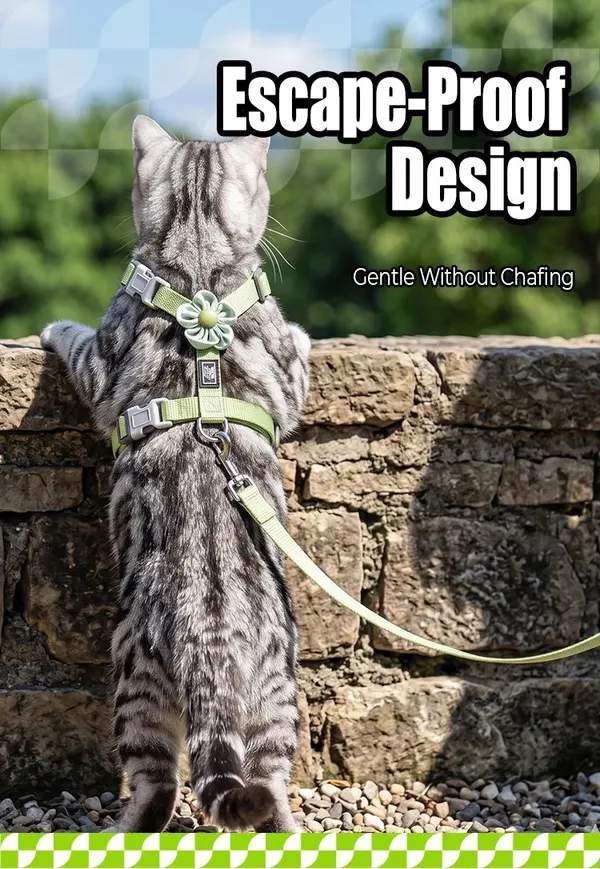 Nunbell Comfortable Adjustable Nylon Cat Harness and Lead with Small Bell & Cute Fabric Flower