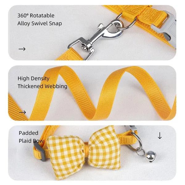 Nunbell Comfortable Adjustable Nylon Cat Harness and Lead with Small Bell & Cute Fabric Plaid Bow