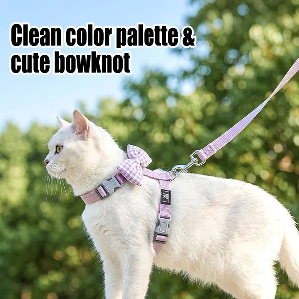 Nunbell Comfortable Adjustable Nylon Cat Harness and Lead with Small Bell & Cute Fabric Plaid Bow