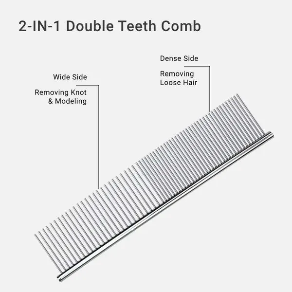 Nunbell Stainless Steel Pet Grooming Comb 19*4cm – 2-in-1 Double Teeth Comb with Rounded Ends for Removing Loose Hair, Knots and Modeling
