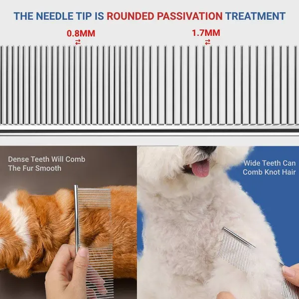 Nunbell Stainless Steel Pet Grooming Comb 19*4cm – 2-in-1 Double Teeth Comb with Rounded Ends for Removing Loose Hair, Knots and Modeling