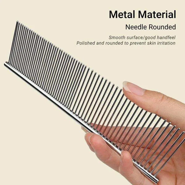 Nunbell Stainless Steel Pet Grooming Comb 19*4cm – 2-in-1 Double Teeth Comb with Rounded Ends for Removing Loose Hair, Knots and Modeling