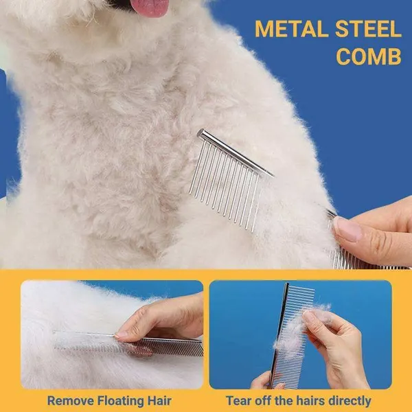 Nunbell Stainless Steel Pet Grooming Comb 19*4cm – 2-in-1 Double Teeth Comb with Rounded Ends for Removing Loose Hair, Knots and Modeling