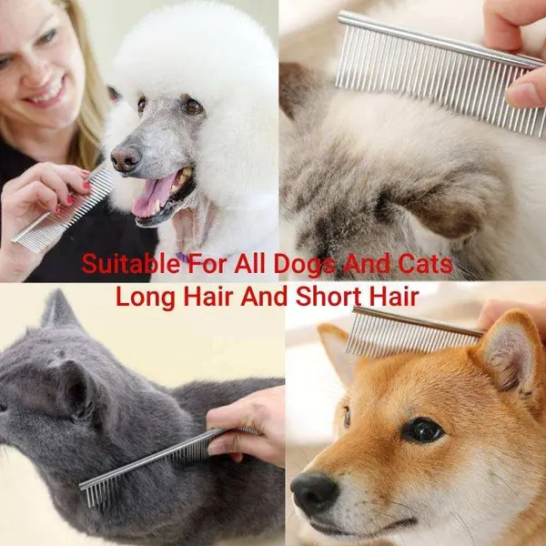 Nunbell Stainless Steel Pet Grooming Comb 19*4cm – 2-in-1 Double Teeth Comb with Rounded Ends for Removing Loose Hair, Knots and Modeling