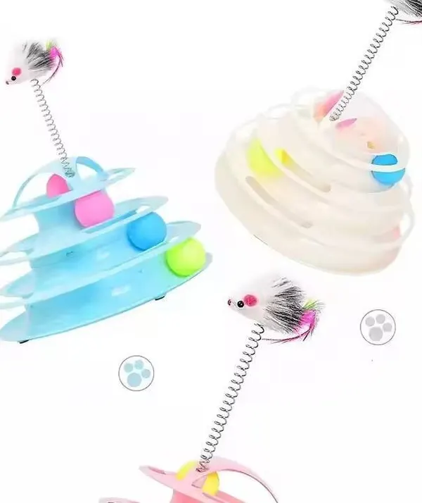 Interactive 4 Level Tower of Tracks Toy with Colorful Rolling Balls & Spring Mouse for Indoor Cats