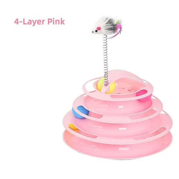 Interactive 4 Level Tower of Tracks Toy with Colorful Rolling Balls & Spring Mouse for Indoor Cats