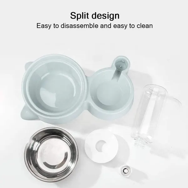 2-in-1 Pet Feeder Cat Ear Shaped – Detachable Stainless Steel Food Bowl with Automatic Drinking Bottle (500ml) for Dogs & Cats