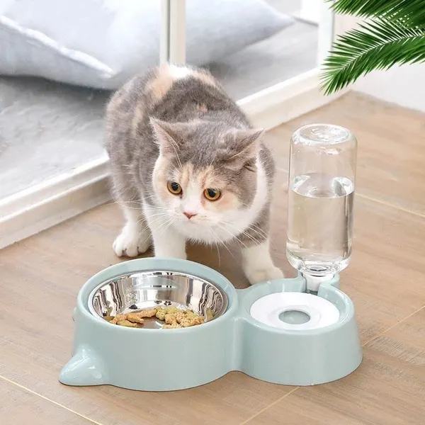 2-in-1 Pet Feeder Cat Ear Shaped – Detachable Stainless Steel Food Bowl with Automatic Drinking Bottle (500ml) for Dogs & Cats