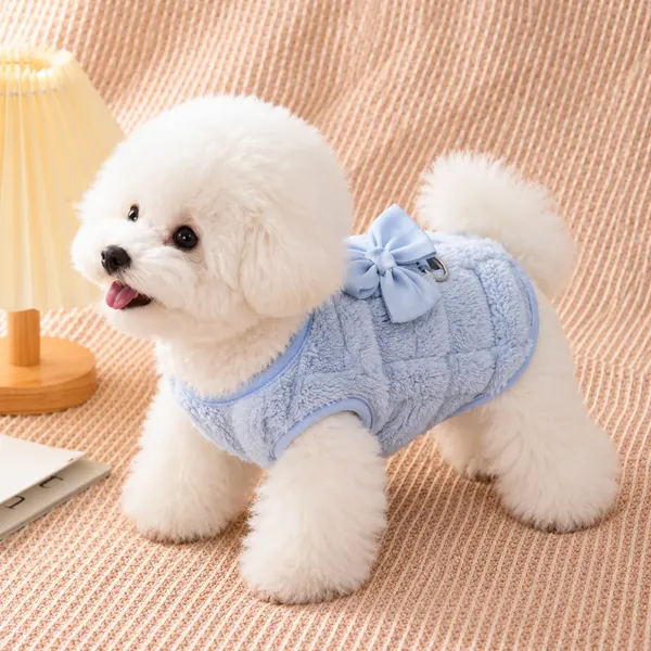 Warm Two-Leg Dog & Cat Plush Sweater Warmer Vest with Bow – Autumn & Winter Pet Clothes - Light Blue