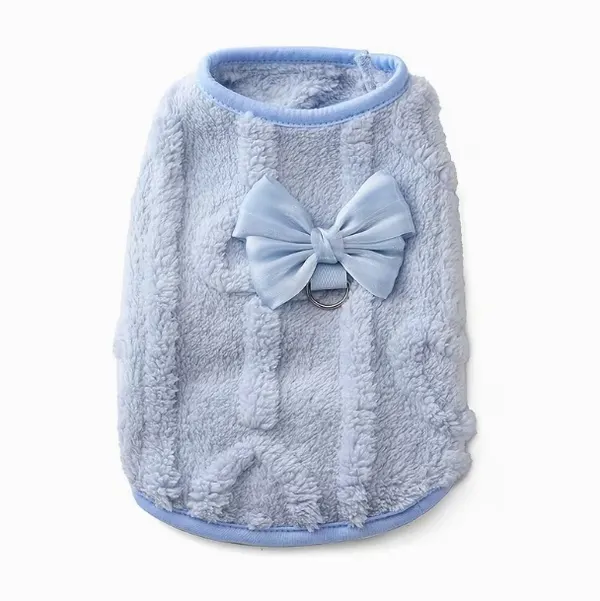 Warm Two-Leg Dog & Cat Plush Sweater Warmer Vest with Bow – Autumn & Winter Pet Clothes - Light Blue