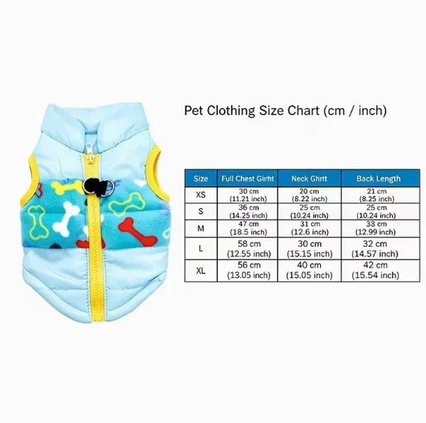 Blue Padded Pet Coat Vest with Bone Print – Warm Winter Jacket for Small Dogs & Cats
