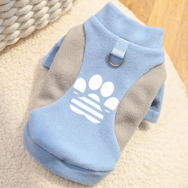 Paw Print Dog Fleece Sweatshirt – Warm Winter Pullover with Leash Ring for Small Dogs & Cats