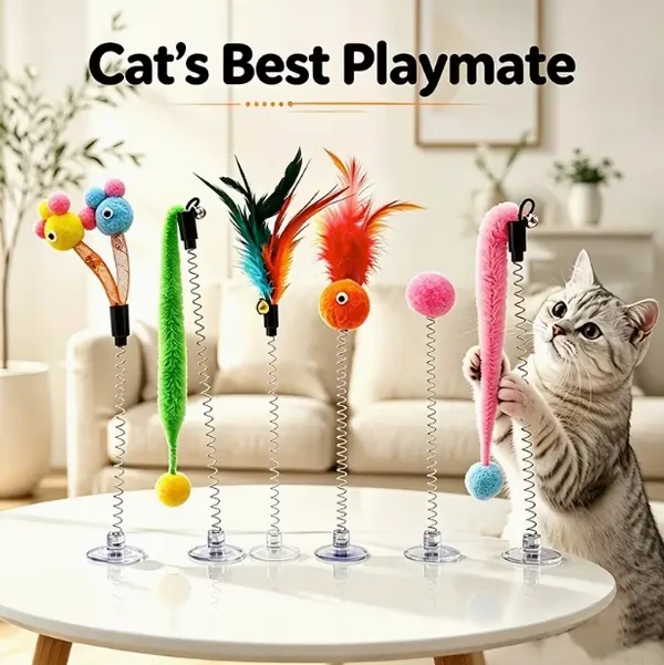 5-Piece Cat Spring Toys with Suction Cup Base – Interactive Feather Cat Toys for Indoor Play, Random Colors