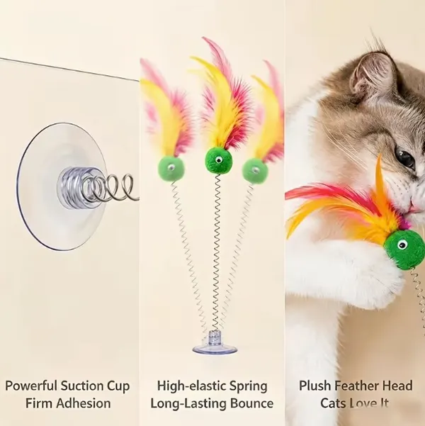 5-Piece Cat Spring Toys with Suction Cup Base – Interactive Feather Cat Toys for Indoor Play, Random Colors