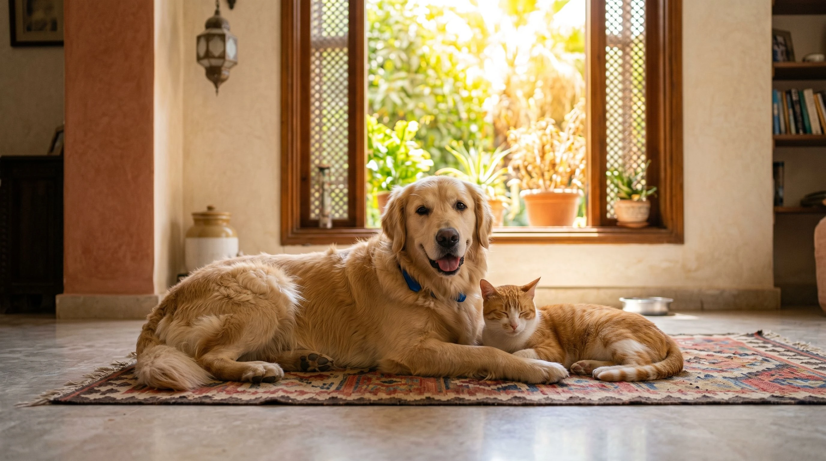 Dog and cat resting in the shade of a modern Egyptian home during summer